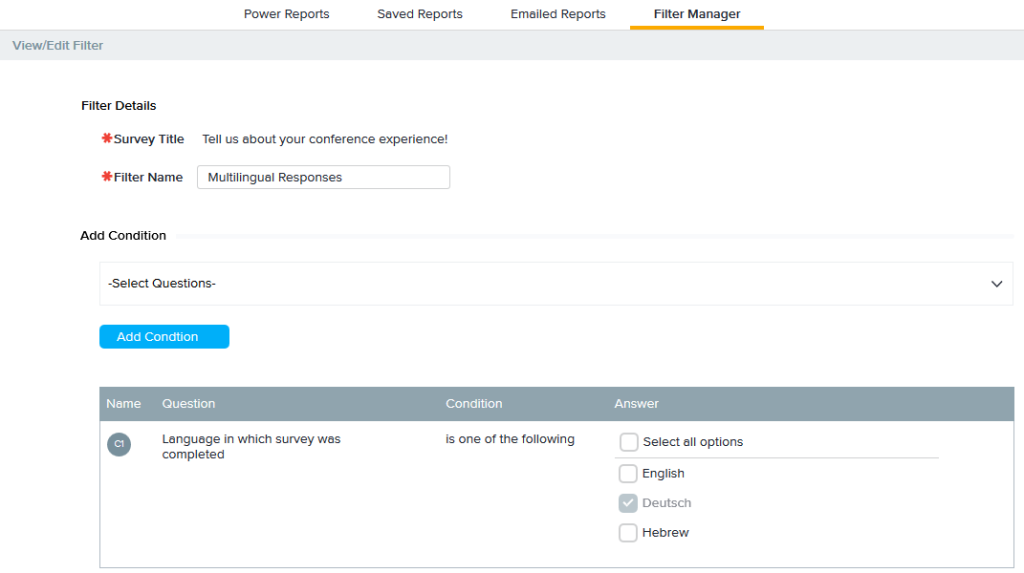 Survey Report Language Filter