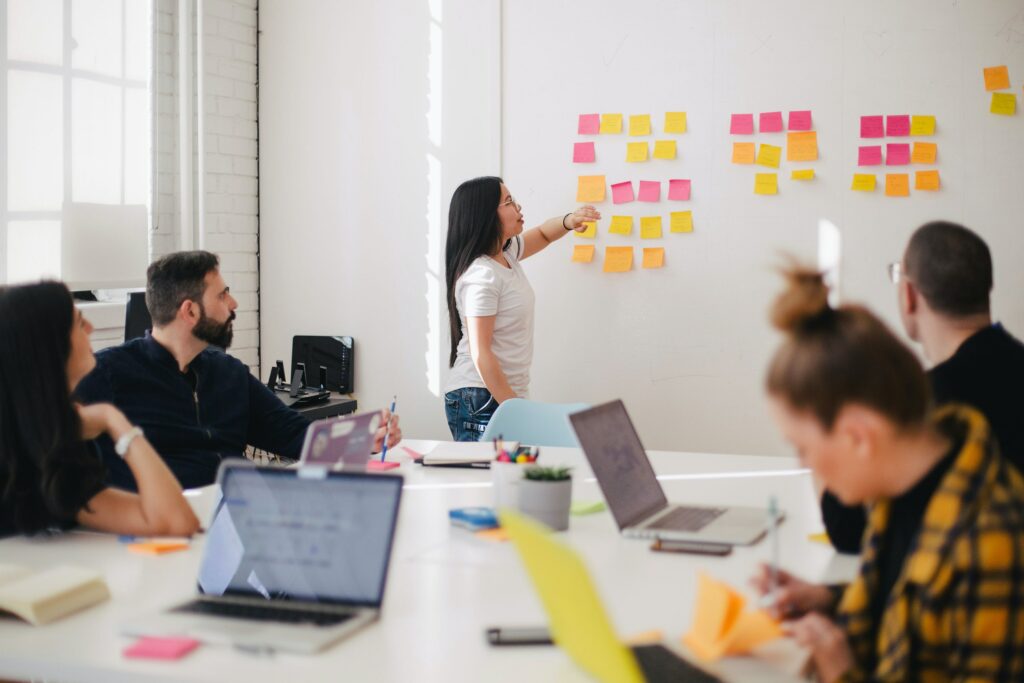 A group of engaged employees watching a presentation