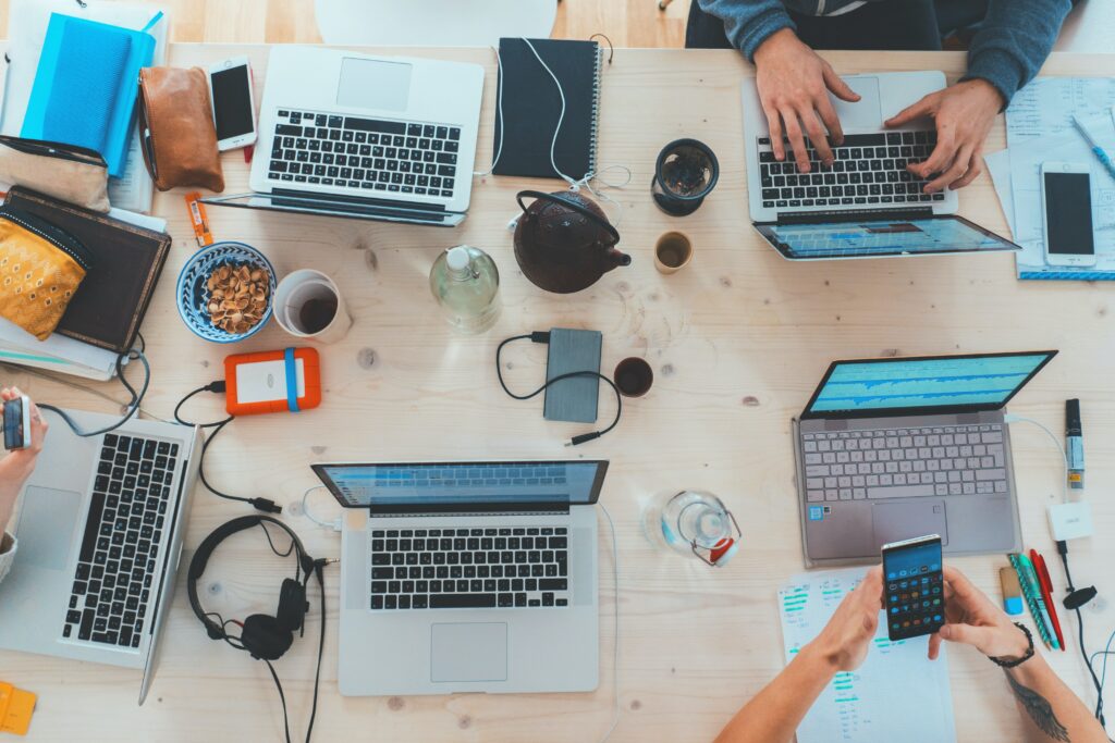 A table with laptops