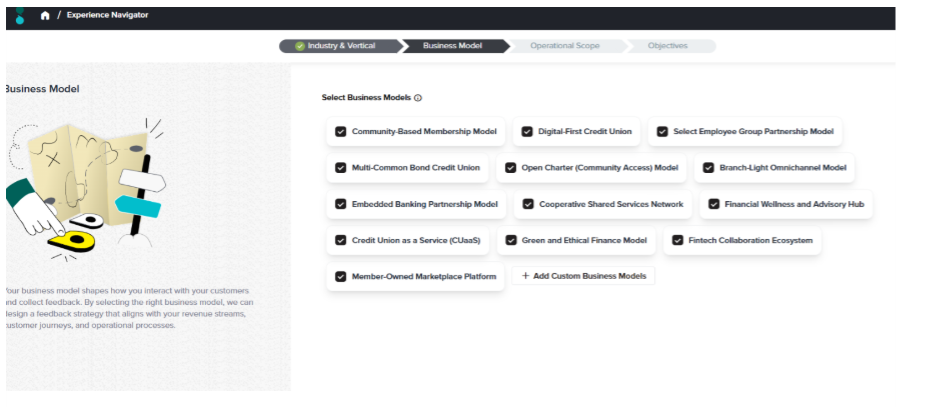 Operational scope selection in Experience Navigator ensures the feedback strategy matches the credit union's actual service delivery model