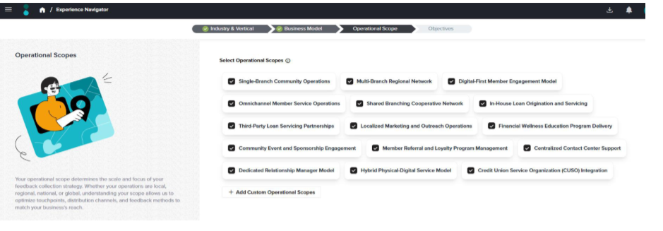 Operational scope selection in Experience Navigator ensures the feedback strategy matches the credit union's actual service delivery model