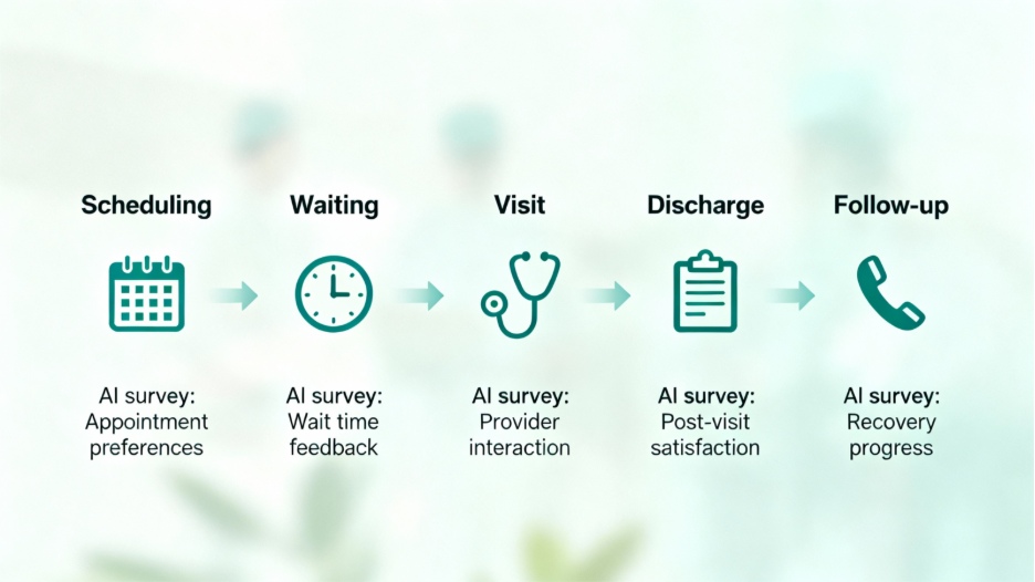 Healthcare patient journey touchpoints: where AI survey prompts improve access, clarity, empathy, and safety.