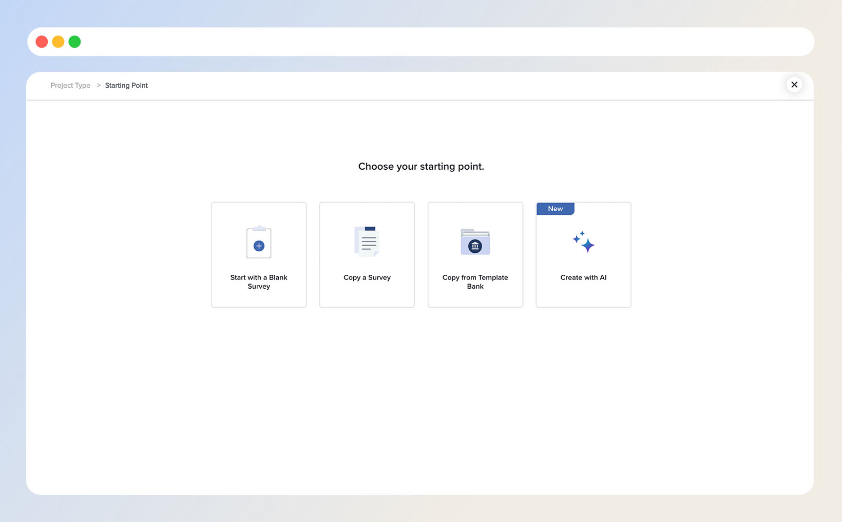SogoSurvey Starting Point – Choose a Blank Survey, Copy a Survey, Use a Template, or Create with AI